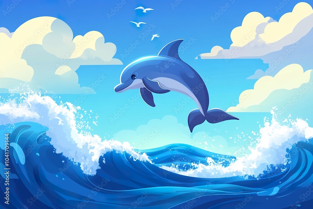 Obraz premium Playful Dolphin Doing Flips in the Air Over Waves Cartoon Style