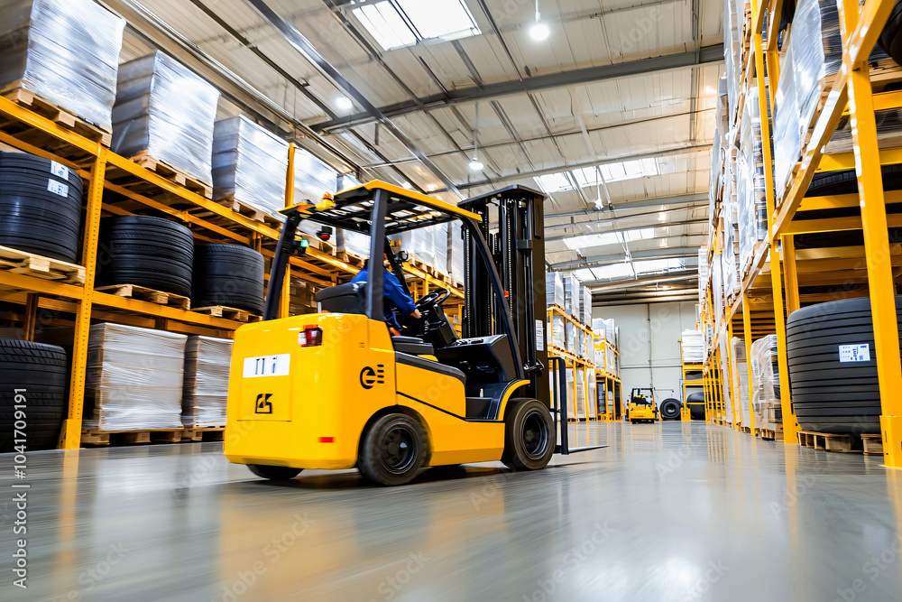 a tire warehouse logistics operation, forklift in motion, commercial storage facilit a tire warehouse logistics operation, forklift in motion, commercial storage facilit