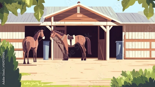 Horse care practices illustrated within a well-maintained stable environment. High quality illustration