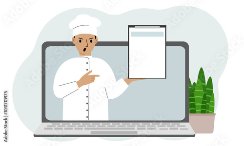 Male cook in a cap. Video, online ordering, menu.