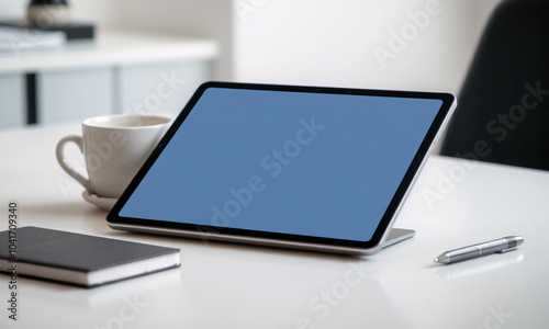 modern computer tablet lying flat on a minimalist white desk reflecting ambient light from a nearby window