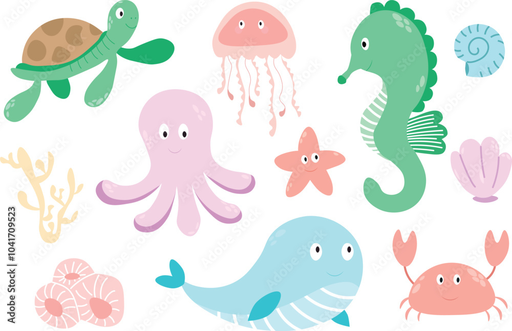 Sea animals. Set with hand drawn sea life elements. Vector doodle cartoon set of sea life objects for your design. Sea animals. Set with hand drawn sea life elements. Vector doodle cartoon set of sea life objects for your design.