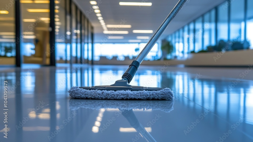 Gleaming office floor reflecting the lights overhead as an industrial-grade mop passes through, cleaning with precision. Gleaming office floor reflecting the lights overhead as an industrial-grade mop passes through, cleaning with precision.