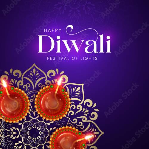Happy Diwali Celebration Background. Diwali Festival Of Lights Banner with Diya Vector Illustration. Happy Diwali Social Media Post Template.
