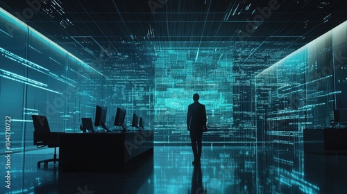 A futuristic corporate setting where AI detects insider threats, with digital overlays highlighting suspicious activities in real-time. High quality illustration