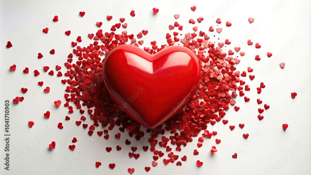 Big red heart and small confetti hearts on white background low angle view Big red heart and small confetti hearts on white background low angle view