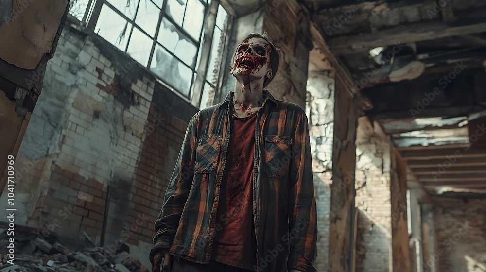 Naklejka premium Realistic zombie with sunken eyes and decomposing body standing in a ruined building