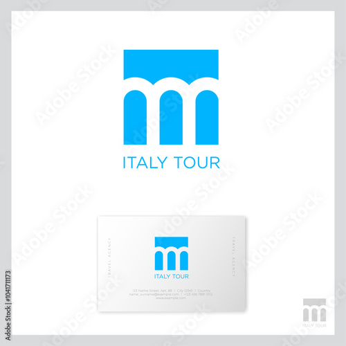 Italy Tour icon. Three arches like aqueduct on a blue background. Ancient Roman icon. Tourist agency emblem.