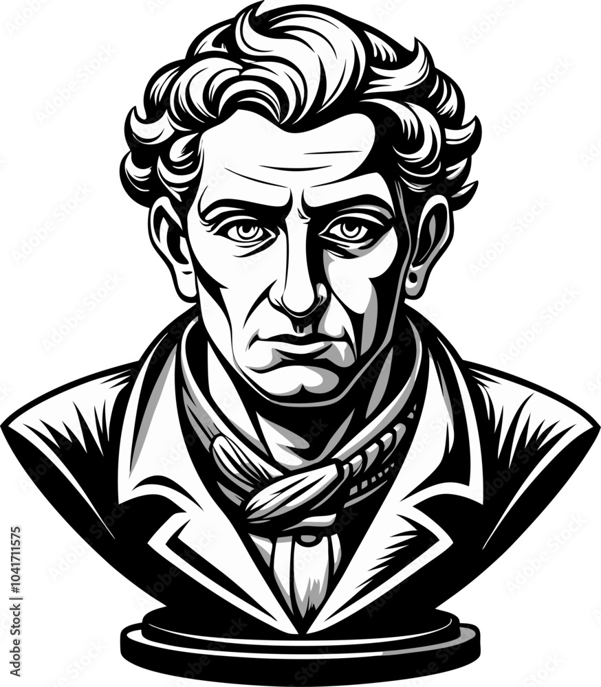 Classic gentleman bust avatar in engraving style. Black and white man drawing, in vintage style