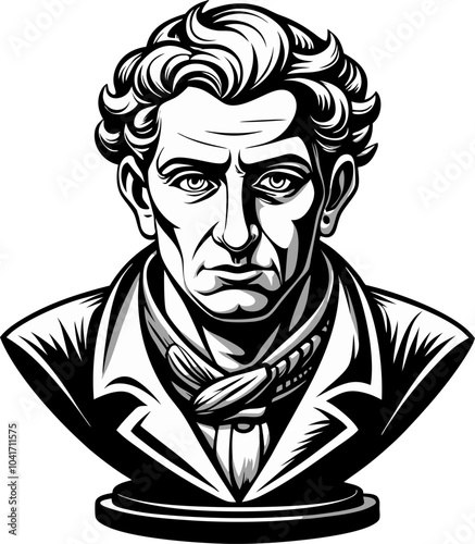 Classic gentleman bust avatar in engraving style. Black and white man drawing, in vintage style