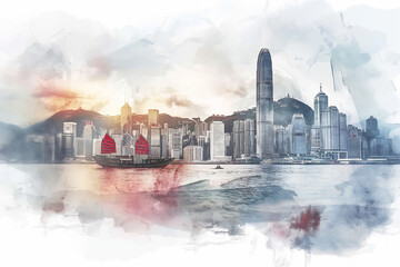 Fotobehang Aquarelschilderij wolkenkrabber  Hongkong skyline met rode jonk  © jirawat