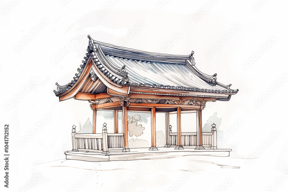 Watercolor Illustration of an Ancient Japanese Pagoda Structure Watercolor Illustration of an Ancient Japanese Pagoda Structure