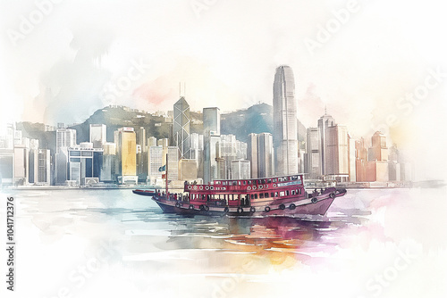 Colorful Watercolor Illustration of Hong Kong Cityscape with Boat