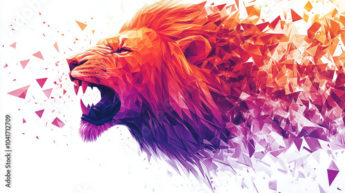 Polygon Roaring Lion Abstract Art in Purple Red and Orange Geometric Fractals photo