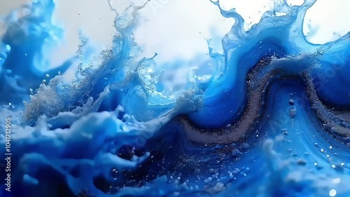 abstract acrylic texture with flowing effect. Liquid paint backdrop with chaotic waves and swirls. Artistic background motion with glitter and blue overflowing colors, Generative AI