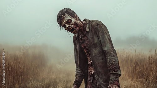 Zombie with torn clothing and decayed skin standing in the middle of a fog-covered field
