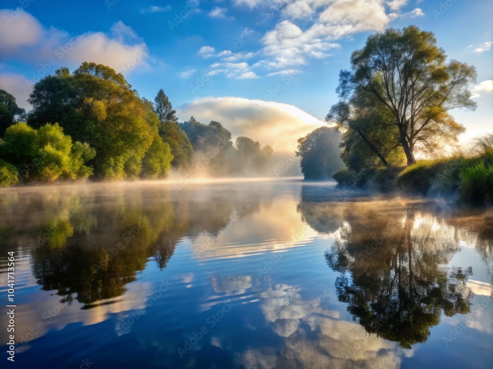 Misty Light Shines Over Calm River Surface Creating Ethereal Reflections in a Serene Landscape