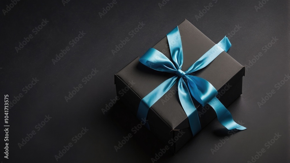 Top view of a black present box with blue ribbon on a dark background, illustrating Top view of a black present box with blue ribbon on a dark background, illustrating