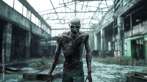 Zombie with decomposing skin stumbling through an old abandoned warehouse