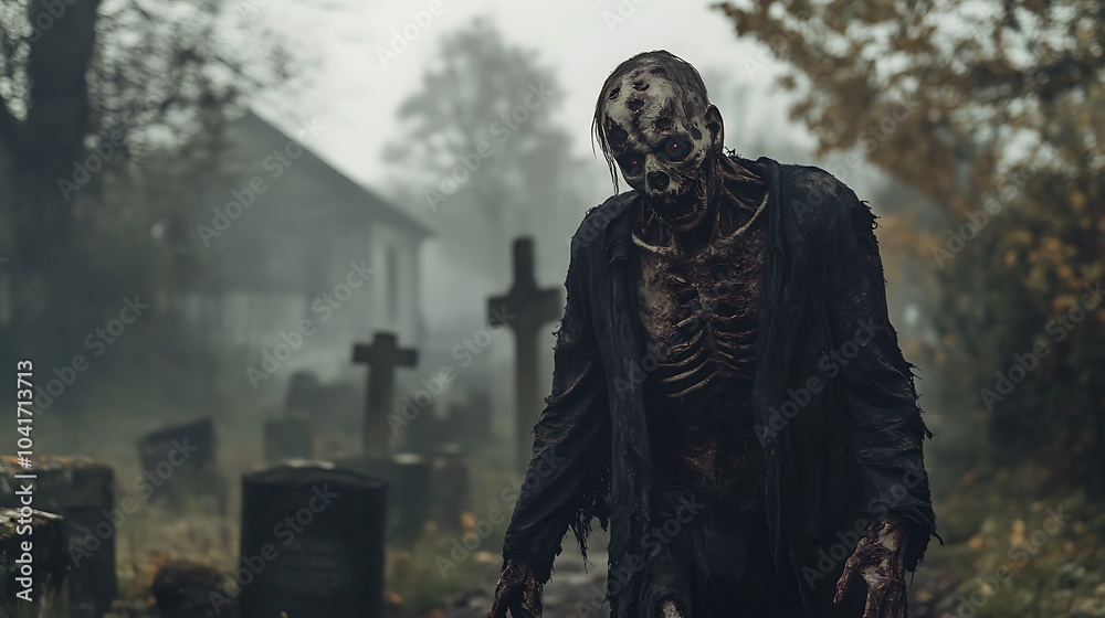 Obraz premium Realistic zombie with decayed skin and torn clothing walking through a foggy graveyard
