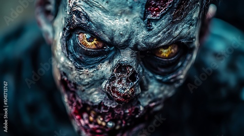 Close-up of a realistic zombie with rotting flesh and sunken eyes emerging from the shadows