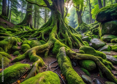 Moss-Covered Stones and Gnarled Roots Twisted by Time in a Serene Natural Environment