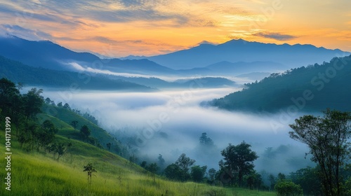 Dreamlike fog rolling through a mountain valley at dawn, with soft, ethereal light illuminating the peaceful scene