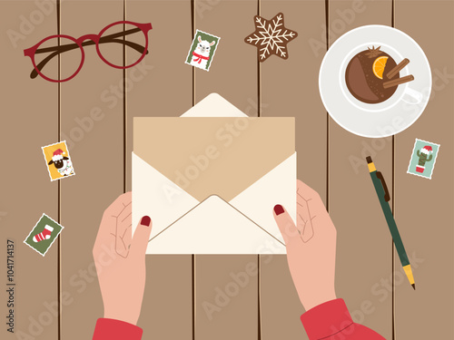 Background of Christmas preparation featuring letter in hands from top view with copy space. Vector illustration for holiday greetings, festive planning, and seasonal designs