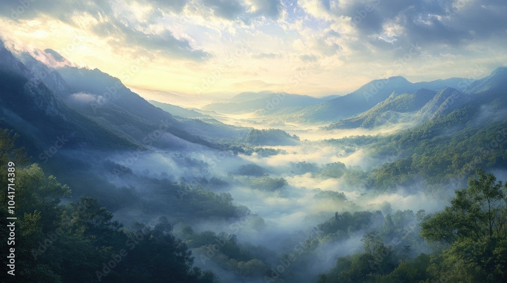 Obraz premium Fog cascading over a peaceful mountain valley at dawn, creating a surreal, dreamlike landscape bathed in soft light