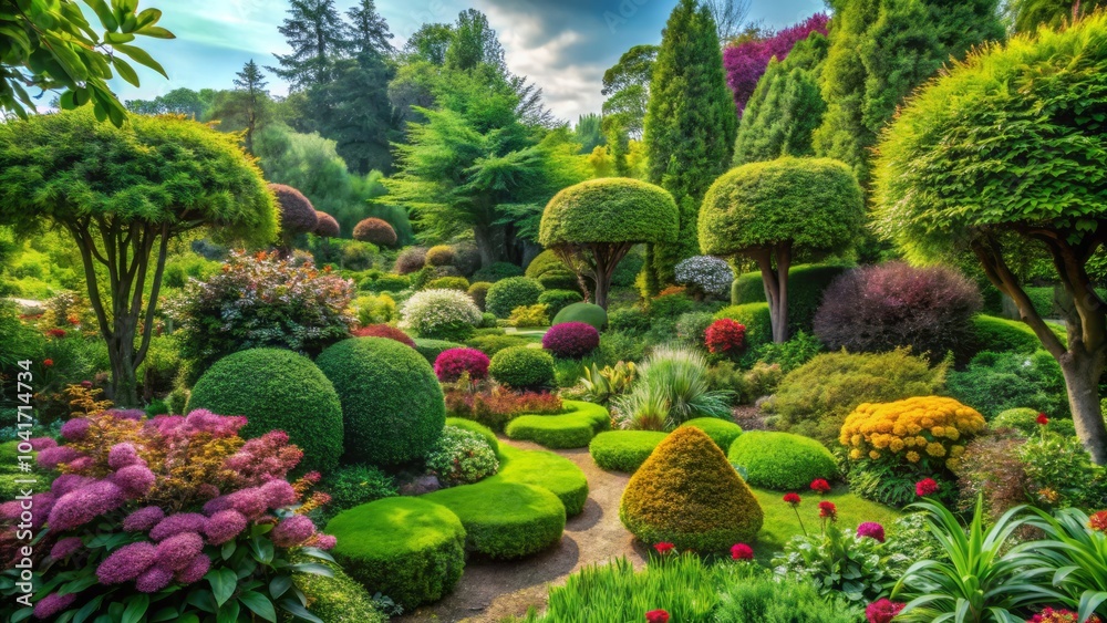 Obraz premium Serene garden oasis enveloped by lush greenery and vibrant foliage showcasing nature's beauty