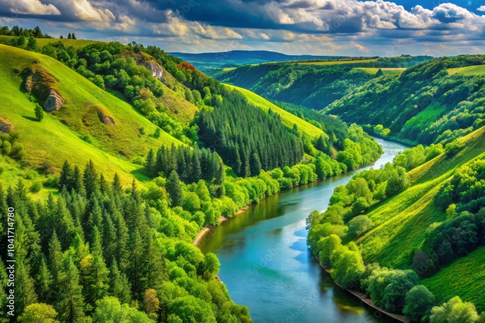Serene Hillsides Gently Sloping Towards Tranquil Riverbanks in a Picturesque Natural Landscape