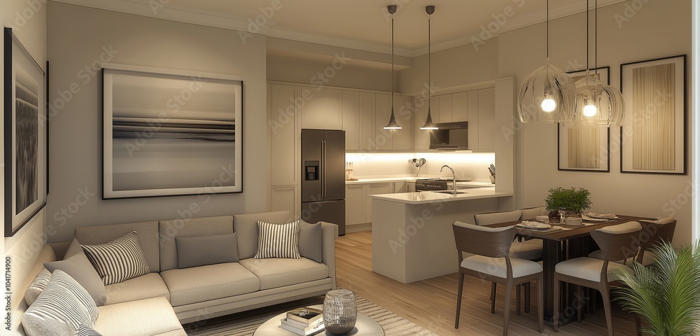A sophisticated small apartment featuring a modern kitchen with an island, a stylish dining nook, and a comfortable living area with plush furnishings, all in a compact layout.