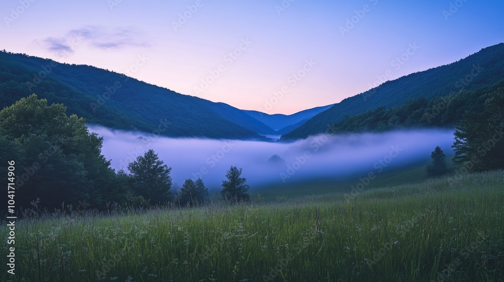 A serene mountain valley at dawn, with fog rolling through and creating a tranquil, ethereal landscape A serene mountain valley at dawn, with fog rolling through and creating a tranquil, ethereal landscape