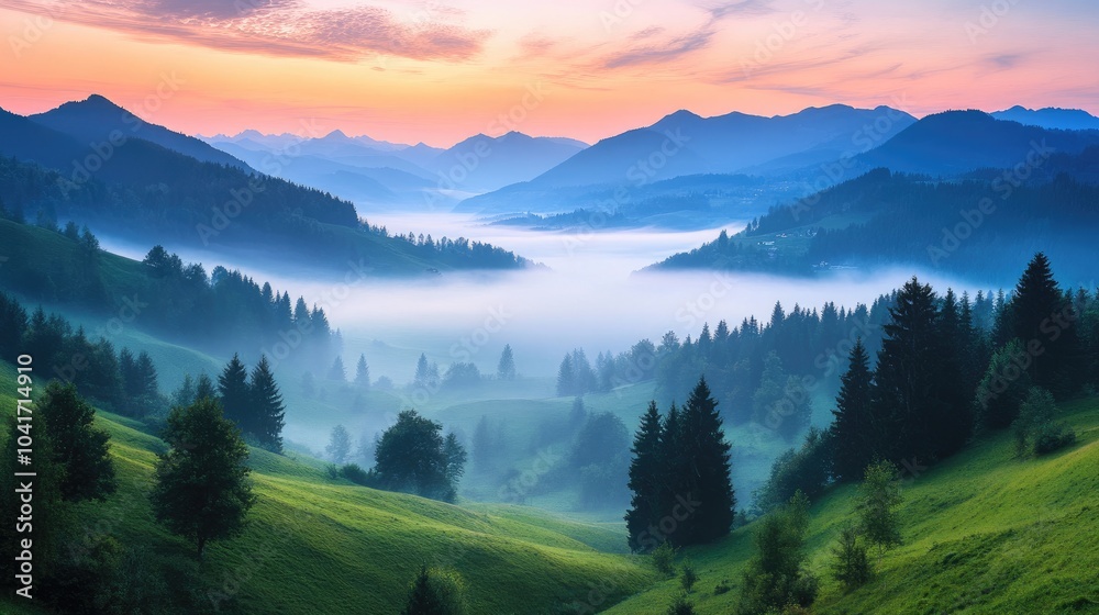 A serene mountain valley covered in ethereal fog at dawn, creating a mystical and dreamlike landscape A serene mountain valley covered in ethereal fog at dawn, creating a mystical and dreamlike landscape