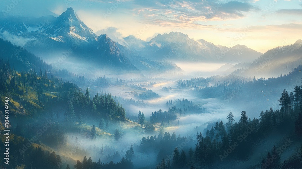 A tranquil mountain valley bathed in dawn light, with fog gently rolling through, creating an ethereal and dreamlike scene A tranquil mountain valley bathed in dawn light, with fog gently rolling through, creating an ethereal and dreamlike scene