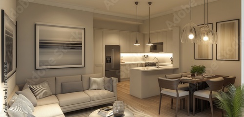Obraz na płótnie A sophisticated small apartment featuring a modern kitchen with an island, a stylish dining nook, and a comfortable living area with plush furnishings, all in a compact layout. w salonie