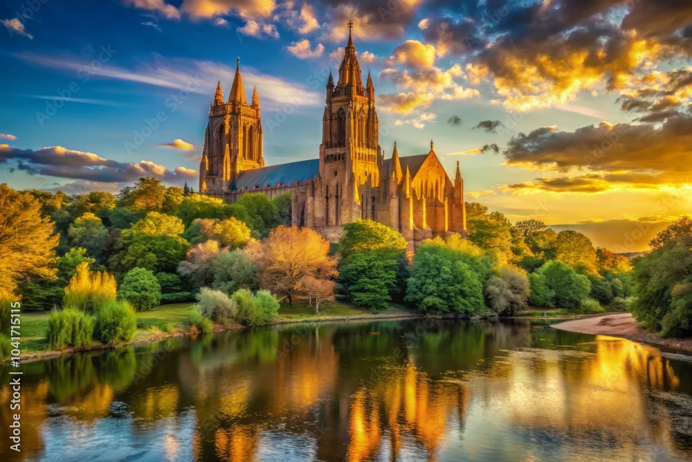 Fototapeta premium Serene Nature Cathedral Surrounded by Lush Greenery and Warm Light Creating a Peaceful Atmosphere