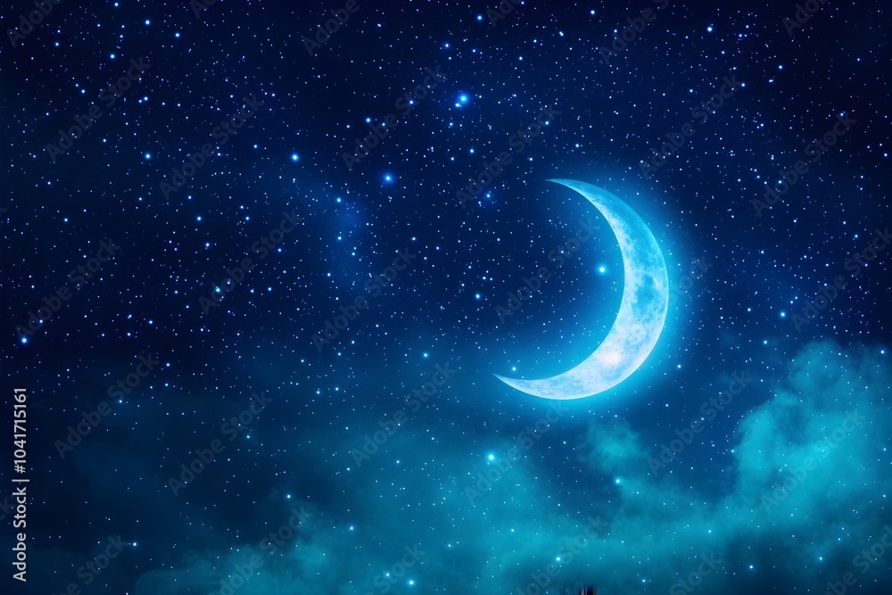 Dreamy Moonlit Night Sky with Twinkling Stars and Crescent Moon Romantic Landscape Backdrop for Business Advertising Dreamy Moonlit Night Sky with Twinkling Stars and Crescent Moon Romantic Landscape Backdrop for Business Advertising