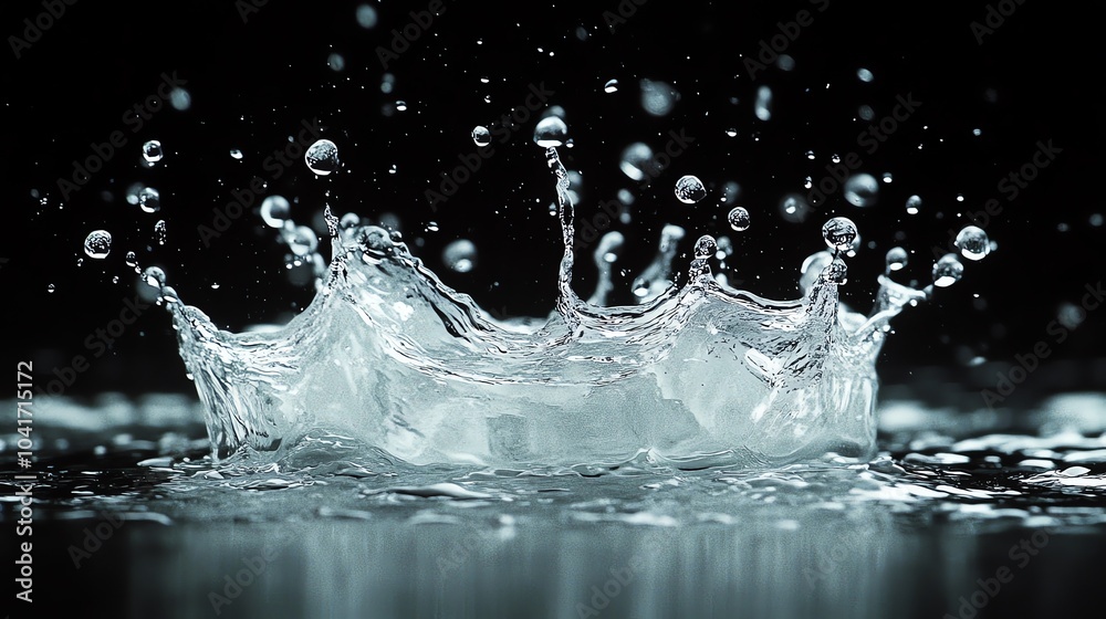 Water droplets splashing in different directions as they hit a surface, water splash, energetic and playful Water droplets splashing in different directions as they hit a surface, water splash, energetic and playful