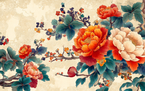 Retro traditional Chinese elements flower and bird texture art background