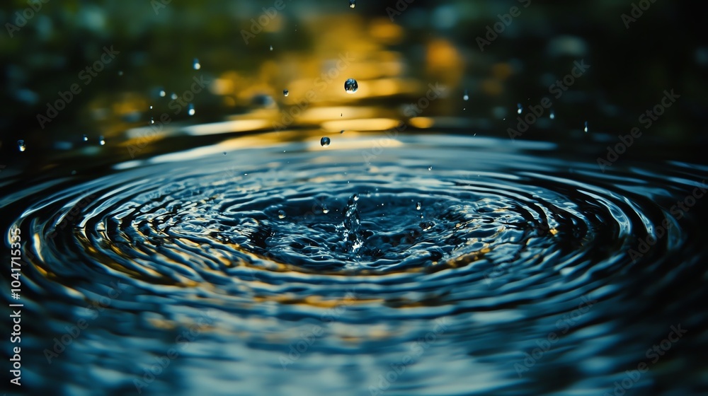 Water splash as a droplet hits the surface, causing concentric ripples, water splash, gentle and calm Water splash as a droplet hits the surface, causing concentric ripples, water splash, gentle and calm