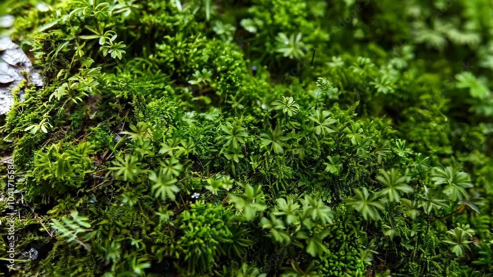 A vibrant mix of green moss and delicate plants creates a textured surface, showcasing fern-like leaves and small white flowers. A vibrant mix of green moss and delicate plants creates a textured surface, showcasing fern-like leaves and small white flowers.
