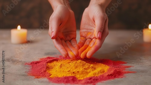 Hands creating rangoli patterns with bright powder, candles glowing in the background photo