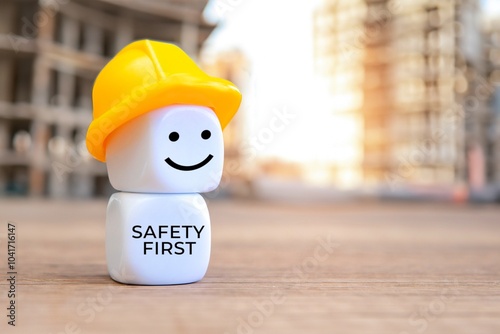 White cubes with hard hat and text SAFETY FIRST. Copy space for text.