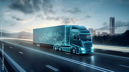 cool blue/gray truck on evening highway - trucking, road freight, delivery, info-graphics - transport logistics network technology