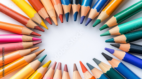 A ring of colored pencils with white copy space