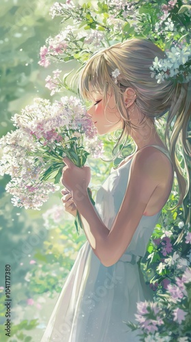 Enchanting Anime Girl: A Blossom Kiss Amidst a Flower Garden