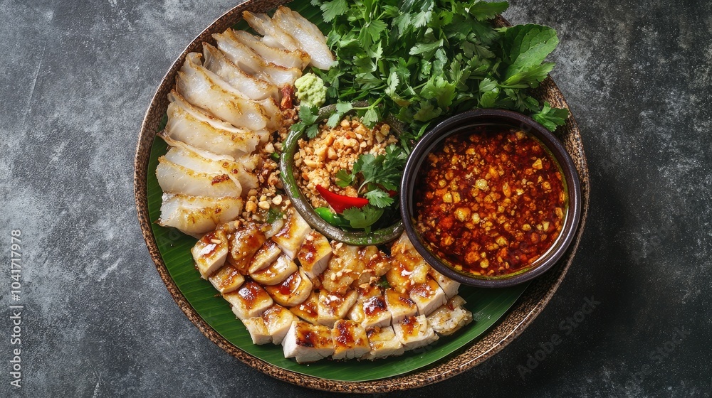 Fresh Vietnamese Cuisine with Herbs and Dipping Sauce Fresh Vietnamese Cuisine with Herbs and Dipping Sauce