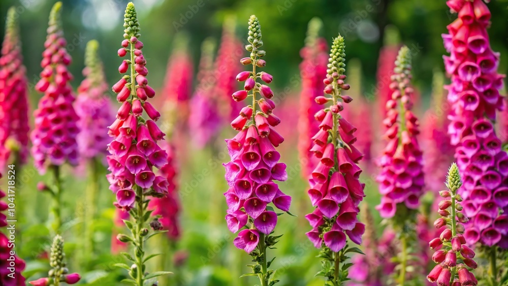 Beautiful panoramic view of several red foxglove Digitalis purpurea plants in a garden Beautiful panoramic view of several red foxglove Digitalis purpurea plants in a garden