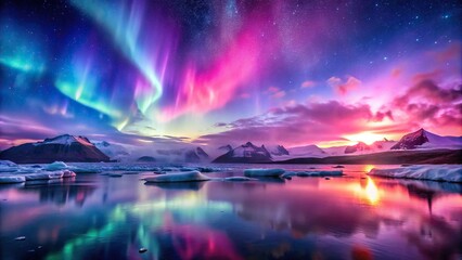 Deken met foto Noorderlicht Roze paars noorderlicht boven gletsjer panorama  © yuwaree